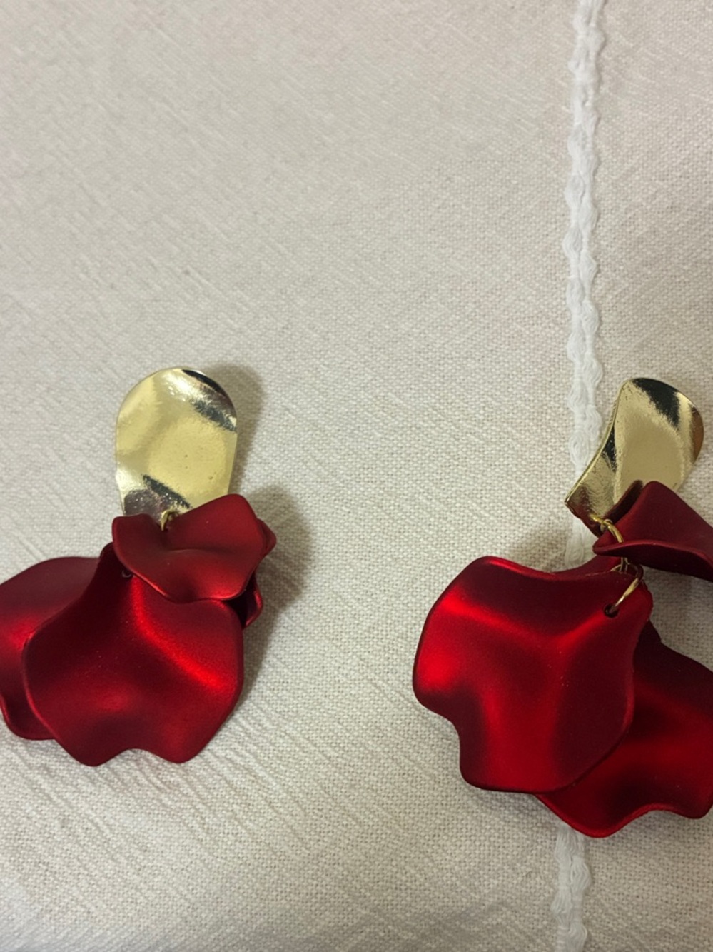 Red Petal Drop Earrings - Gold Accent